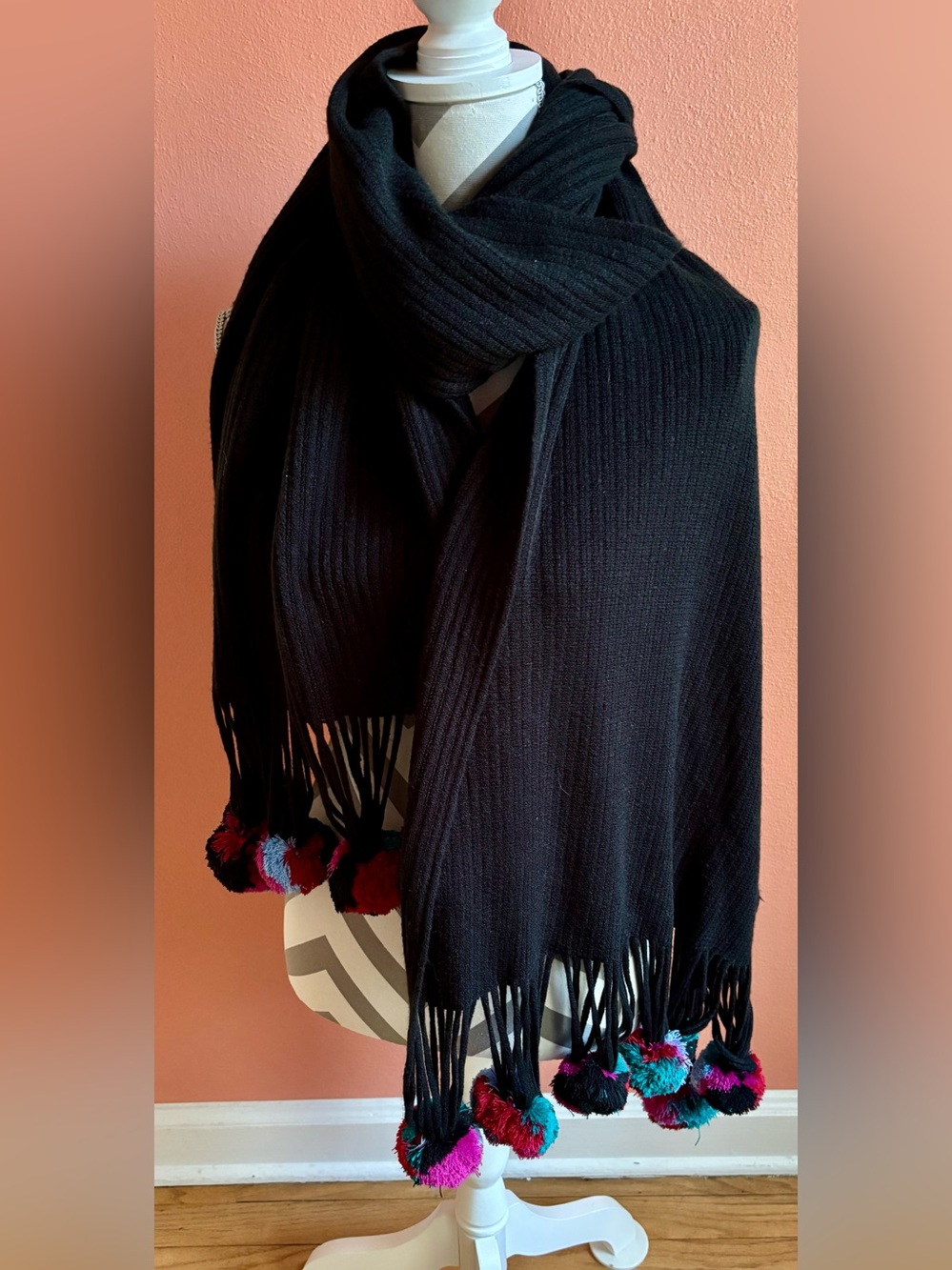 Echo Black Ribbed Knit Pom Pom Scarf Multicolor Fringe 100% Acrylic 90” x 30”
